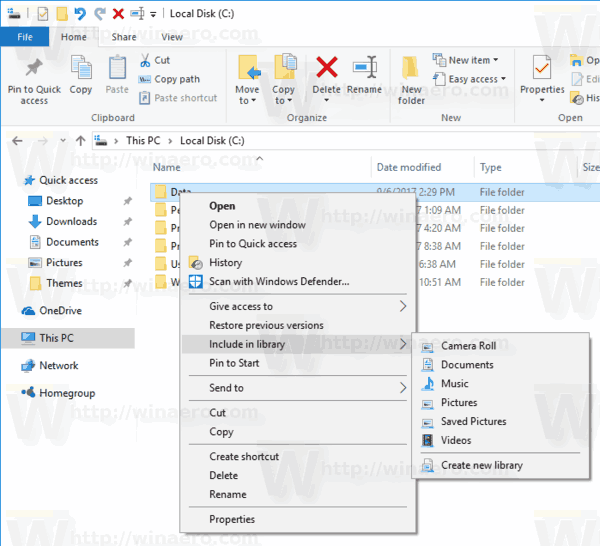 Include In Library Restored In Windows 10
