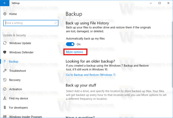 More Options Link For Backup In Settings