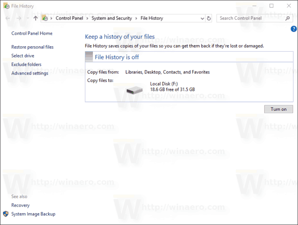 Windows 10 File History Turned Off
