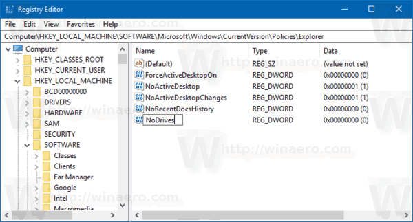 Реестр Windows 10 создает значение NoDrives