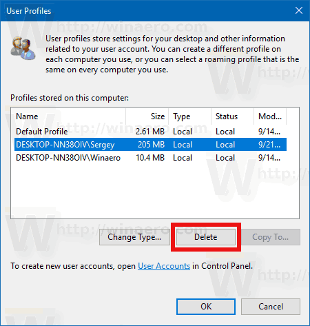 delete domain account profile windows 10