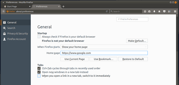 Ubuntu MATE Change Firefox Home Page