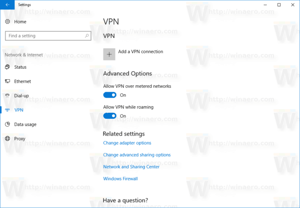 VPN Settings Windows 10