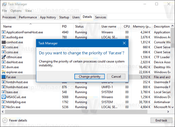 Подтверждение приоритета процесса изменения Windows 10
