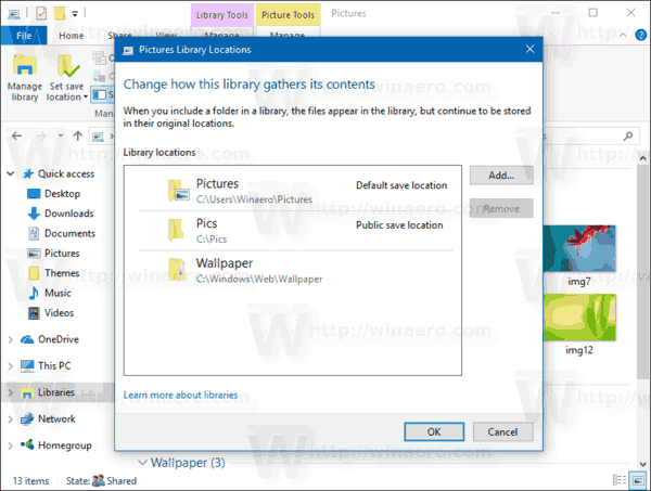 Windows 10 Manage Library Dialog