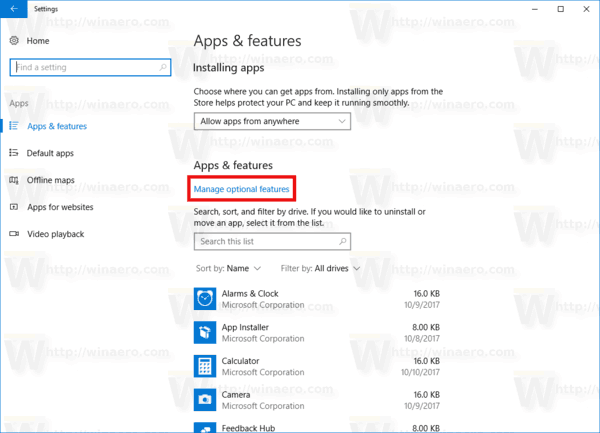 Apps And Features Manage Optional Link Windows 10