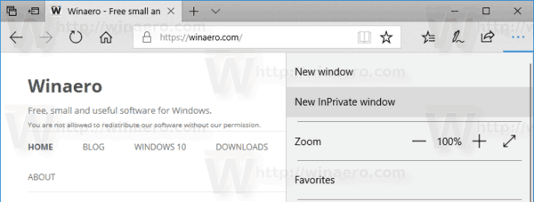 Edge Новое меню Inprivate Window Windows 10