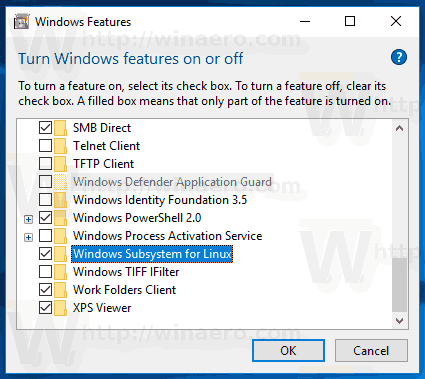 Включение системной системы Windows для Linux в Windows 10