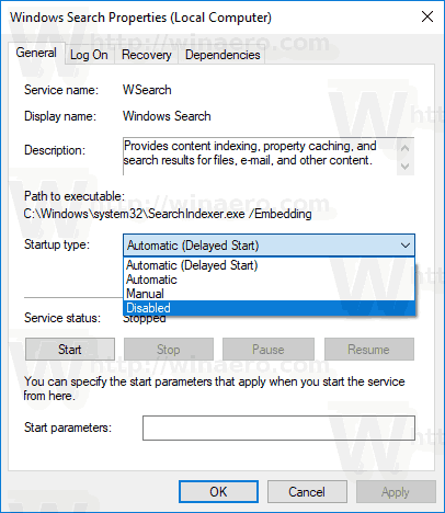 Disable Search Indexing Windows 10