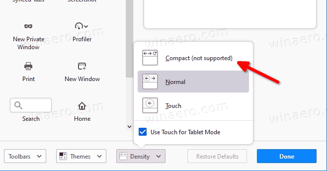 Firefox 89 Enable Compact Density