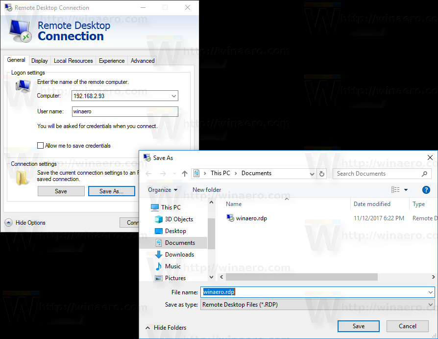 RDP Connection Save As