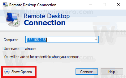RDP Connection Show Options Windows 10