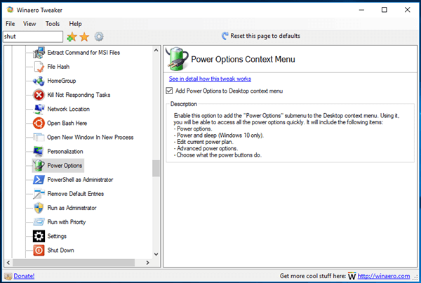 Tweaker Power Options Context Menu