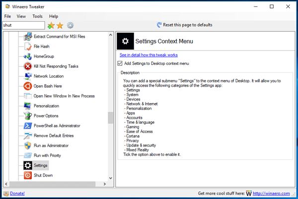 Tweaker Settings Context Menu