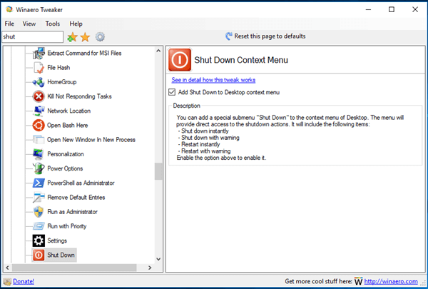 Tweaker Shut Down Context Menu