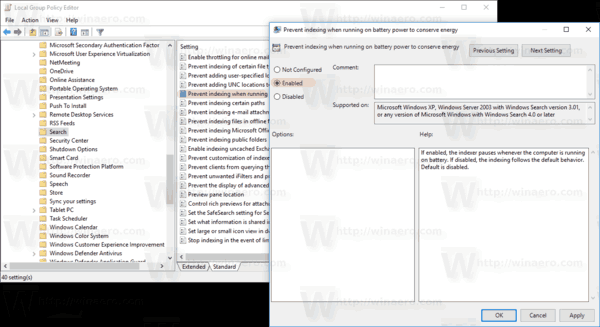 Windows 10 Отключение индексации поиска при работе от батареи Gpedit