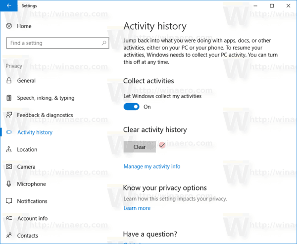 Windows 10 Activity History Removed