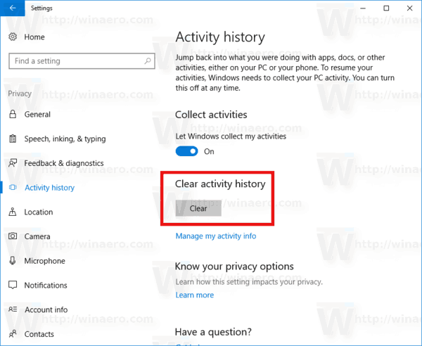 Windows 10 Clear Activity History