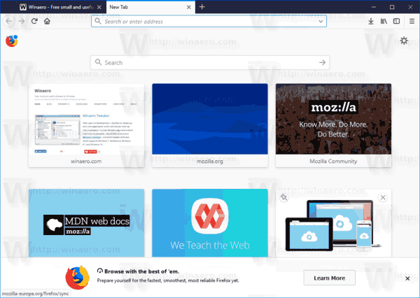 Firefox 57 Classic New Tab Page