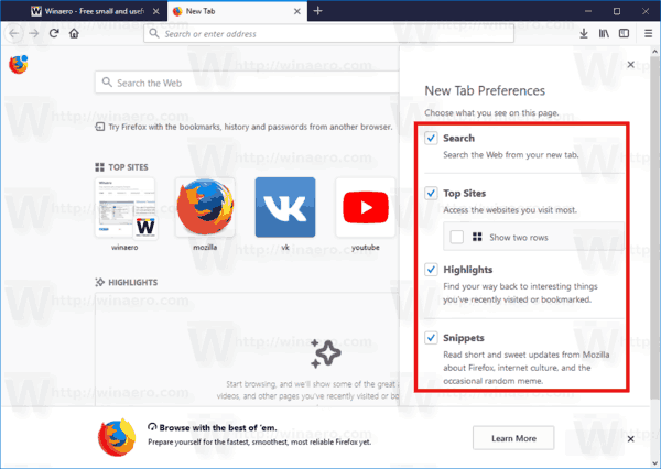Firefox 57 New Tab Page Options