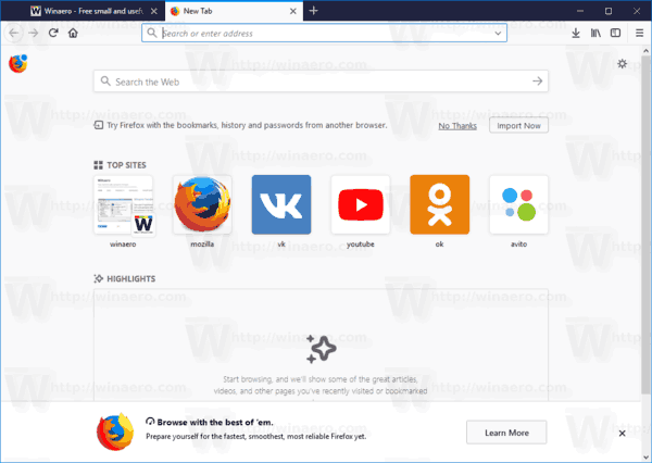 firefox 57 new tab page