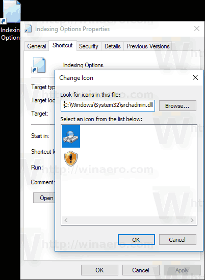 Indexing Options Shortcut Change Icon