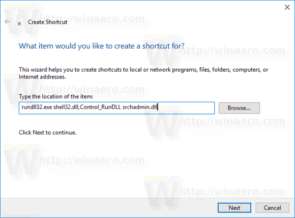 Indexing Options Shortcut Wizard