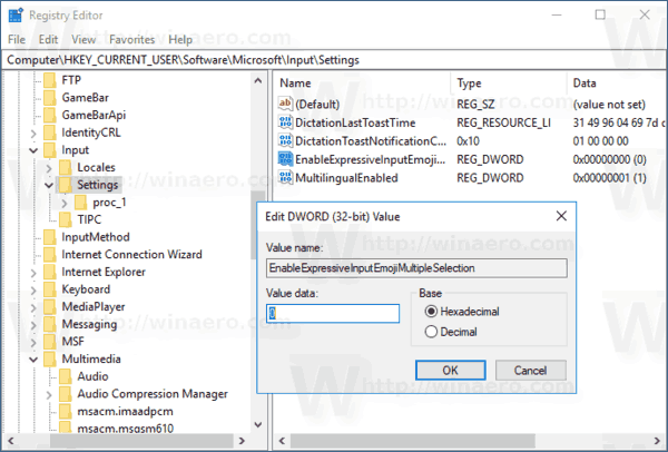 Автоматическое закрытие панели эмодзи Настройка реестра Windows 10