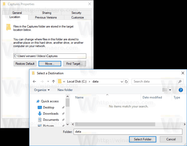 Изменить папку для захвата игрового видеорегистратора в Windows 10