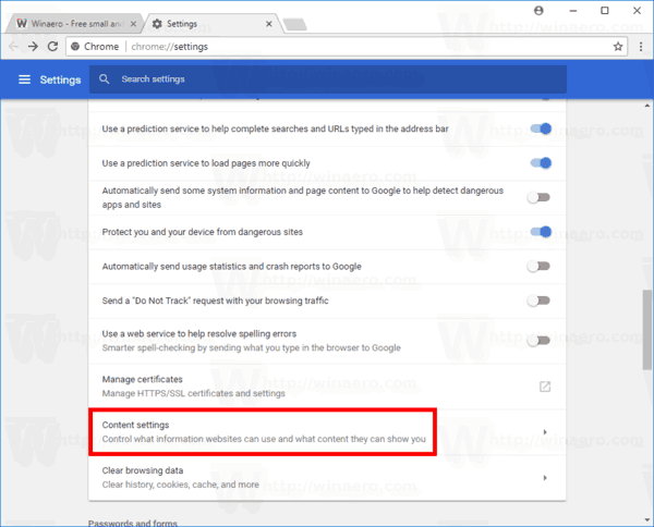 Chrome Privacy Security Content Settings Link