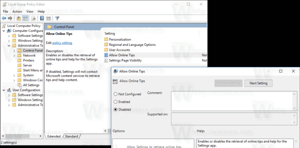 Disable Online Tips Settings Windows 10