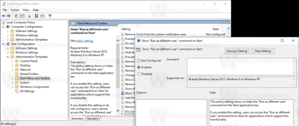 Enable Run As In Start Menu With Group Policy