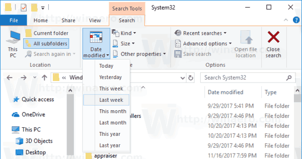 File Explorer Modified Date Drop Down Search