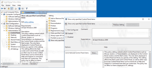 GP Control Panel Applets In Windows 10