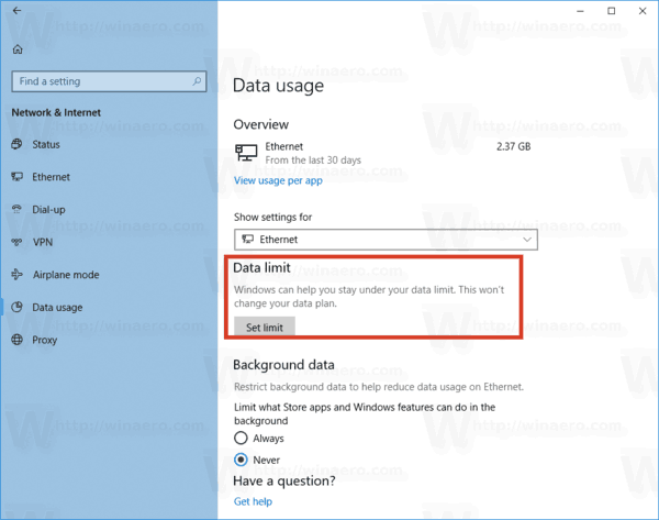 Set Data Limit For Ethernet