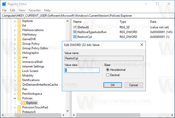 Windows 10 Create RestrictCpl Value
