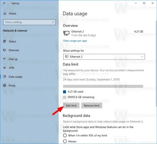 Windows 10 Изменить ограничение на использование сетевых данных