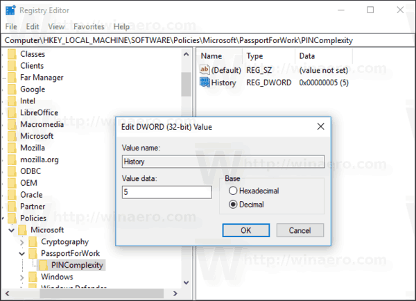 Windows 10 Enable PIN History Registry