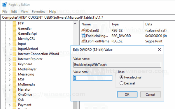 Windows 10 Disable Write With Fingertip Tweak