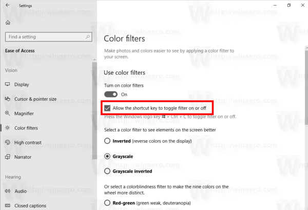 Включить горячие клавиши цветовых фильтров Windows 10