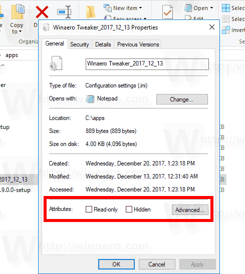 Диалог свойств файла Windows 10