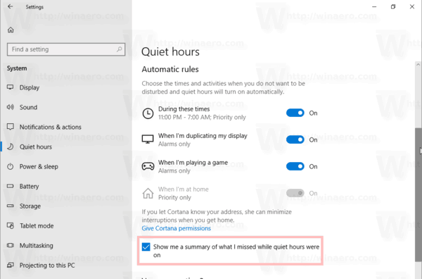 Quiet Hours Automatic Rules Enable Summary Windows 10