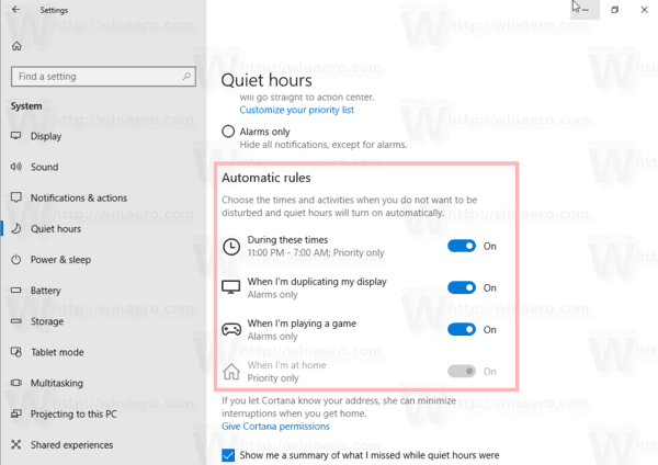 Quiet Hours Automatic Rules Windows 10