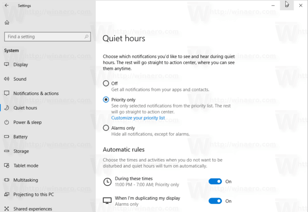 Quiet Hours Windows 10