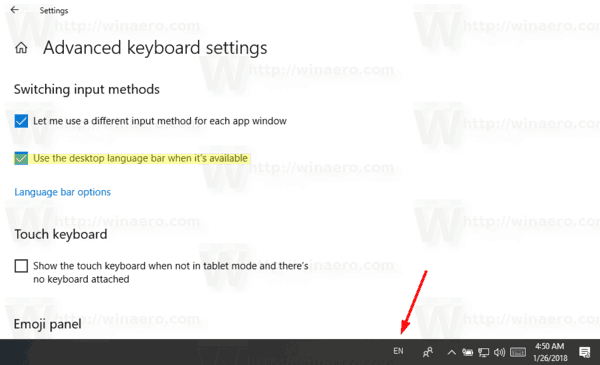Enable Language Bar in Windows 10 (classic Language Icon)