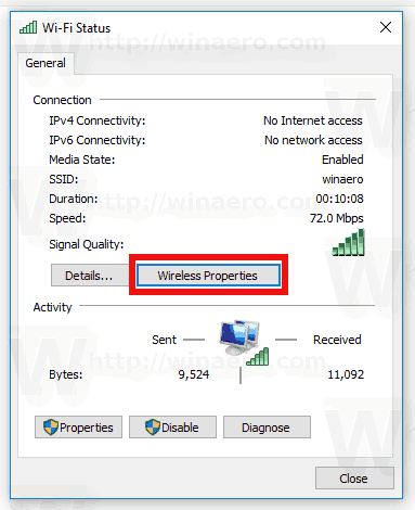 Кнопка свойств беспроводной сети Windows 10