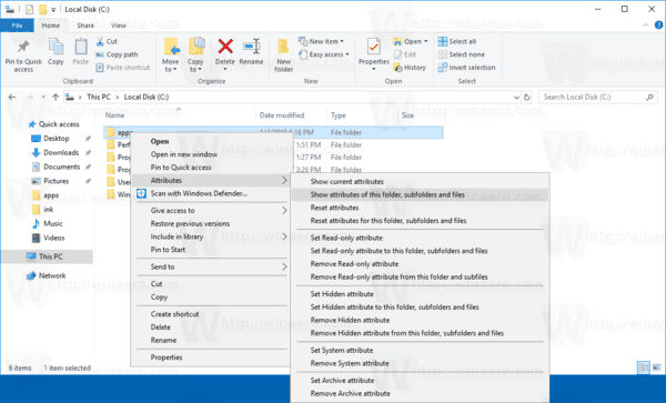 Windows 10 Attributes Folder Context Menu