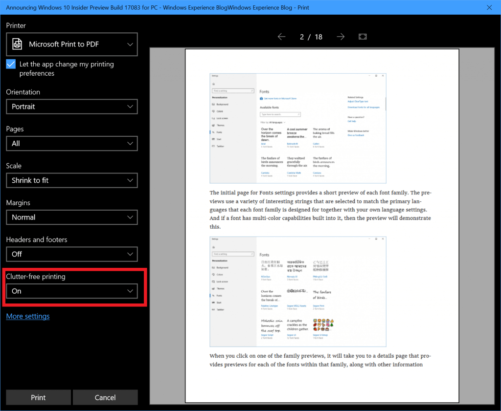 The print dialog opened from Microsoft Edge, with the clutter-free printing option highlighted.