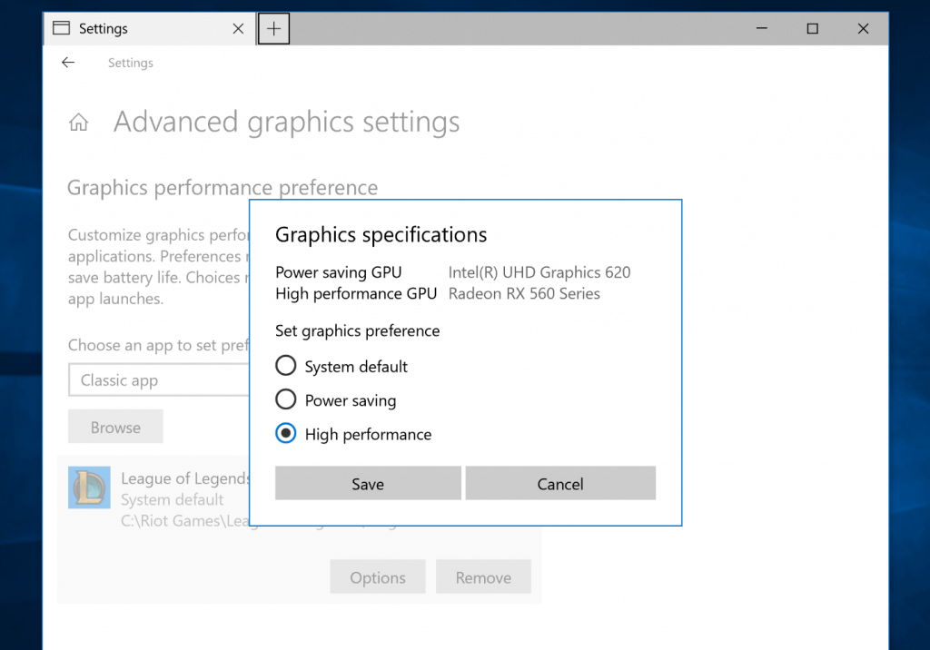 Graphics specifications popup, showing the option to switch graphics preference between system default, power saving, and high performance.