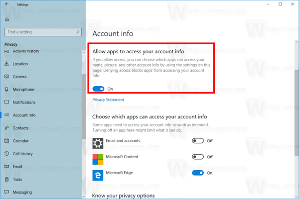 Отключить доступ к информации об учетной записи для приложений в Windows 10